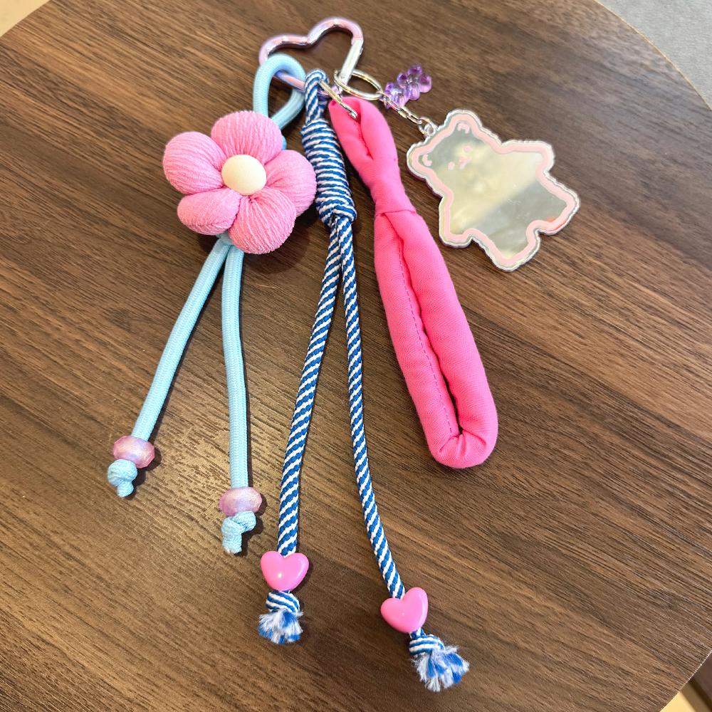 Pink & Blue Floral Keychain -Fabric Flower & Teddy Bear Charm Design, Braided Rope & Heart Bead Decor, Heart-Shaped Key Ring Bag