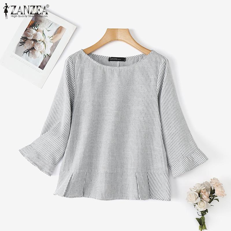 ZANZEA Damen Lässig Rundhals Locker 3/4 Ärmel Streifen Bluse
