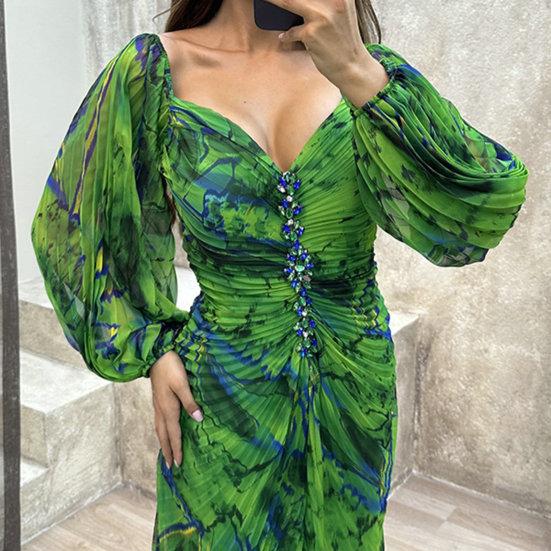 Women Evening Dress Off Shoulder Rhinestone Decor Pleated Long Lantern Sleeve Split