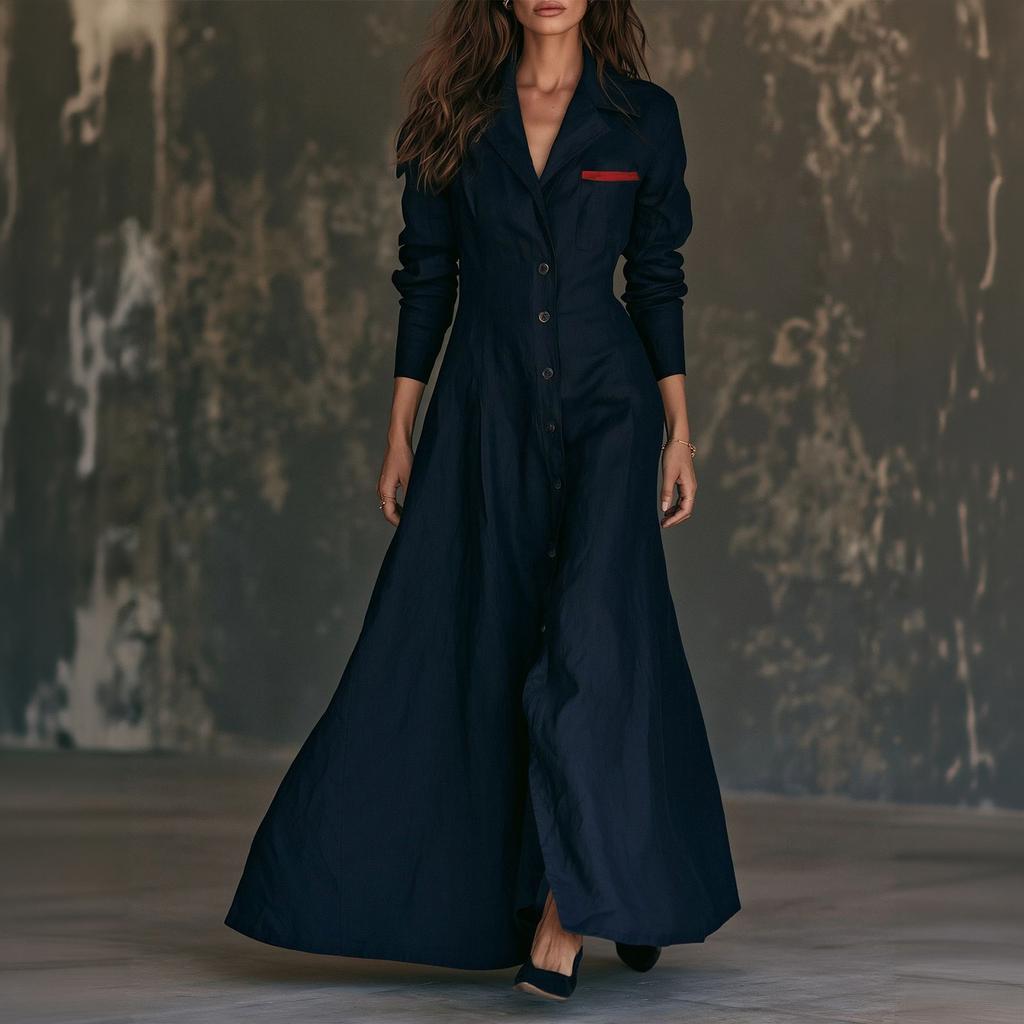 Abito Maxi da Donna a Maniche Lunghe con Colletto Colorato e Bottoni