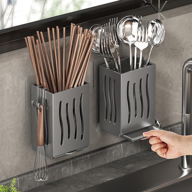 Wall-Mounted Breathable Chopstick & Spoon Holder with Drainage