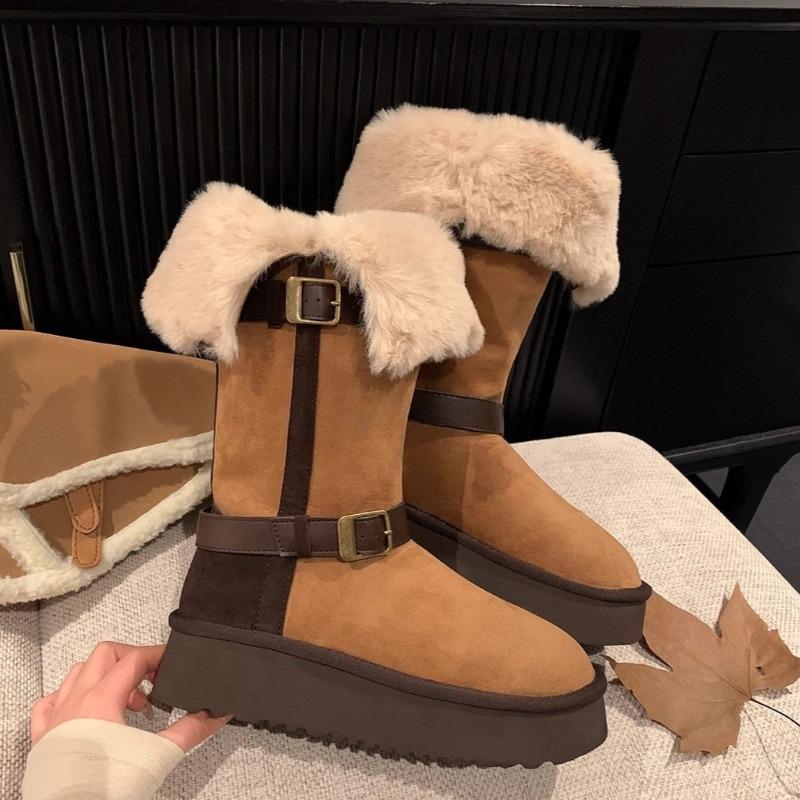 Contrast Color Platform Snow Boots Winter New Round Toe Suede Buckle Thickened Warm Cotton Shoes