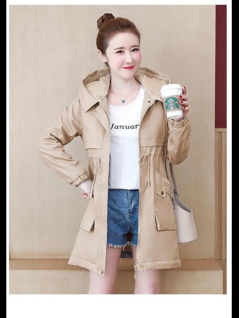 Women's Slim Plush Windbreaker - Large, Mid-Length, Waist-Hugging, New for Autumn/Winter 2023