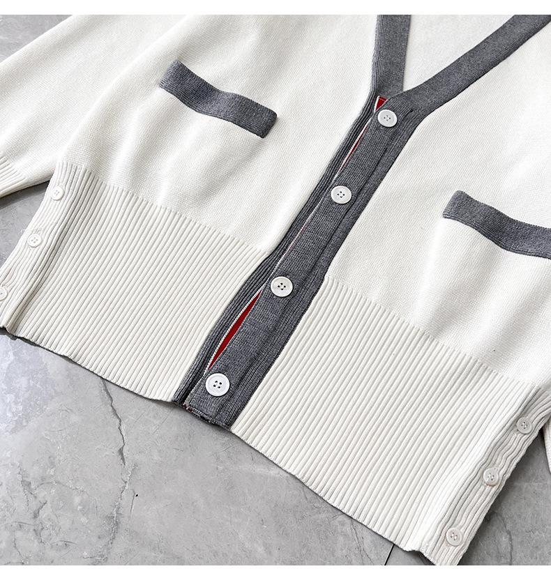 TB Unisex V-Neck Knit Cardigan - Autumn/Winter Colorblock Sleeves with Four Stripes, Slim Fit, Fairy Style.