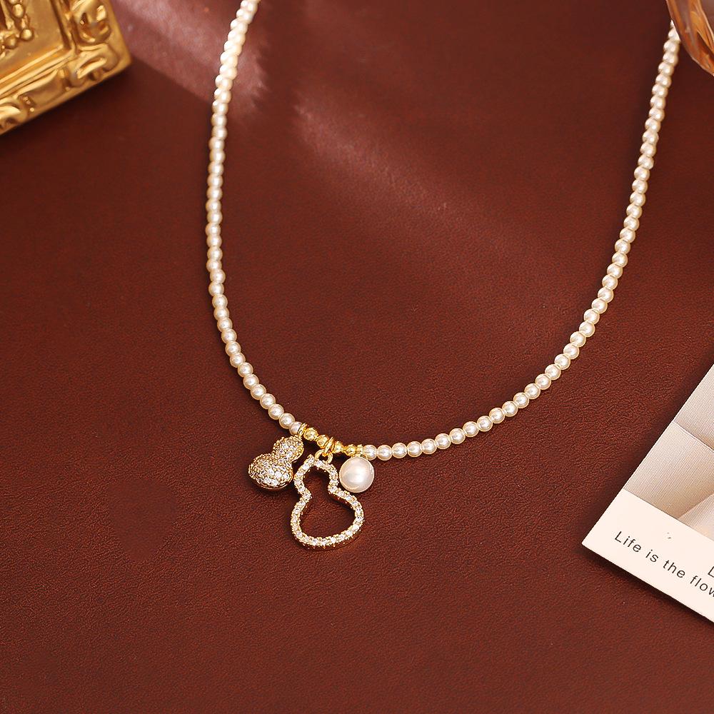 Chinese Fortune Gourd Pendant Pearl Necklace & Bracelet Set: High-End Elegant Collarbone Chain