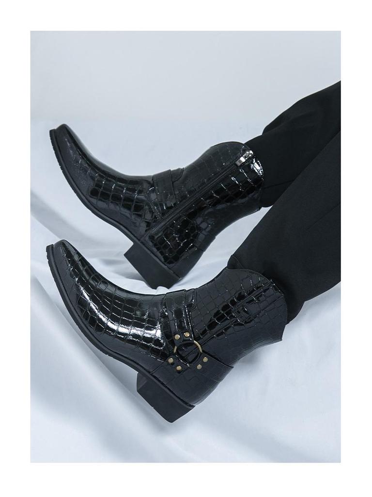 Men's High-Top Retro Embossed Leather Boots with Side Zipper - Plus Size Autumn/Winter British Martin Style.