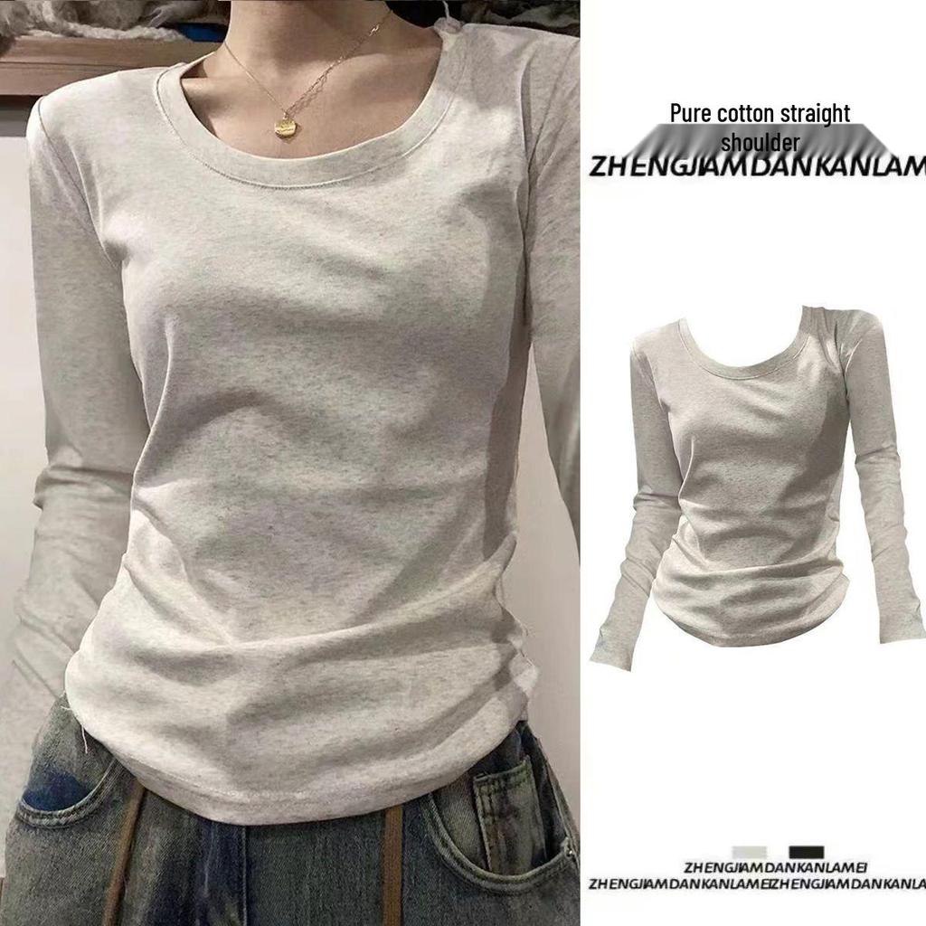 Niche Spring & Autumn Slimming Bodycon Long Sleeve Solid Top with Straight Shoulders - European & American Style