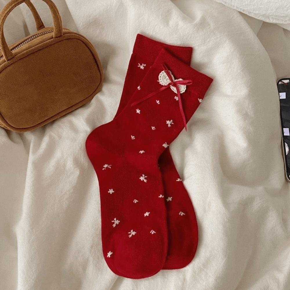 Red Color Sweet Girl Socks Double Layer Mid Tube Socks Festive Boneless Socks Holiday