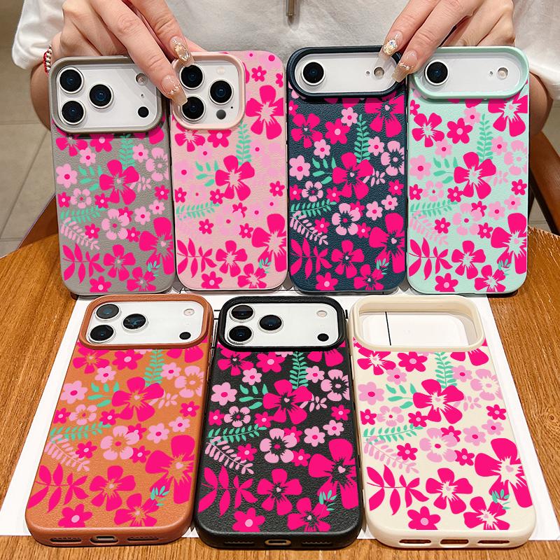 Vibrant Magenta Floral Design Flexible & Durable Shockproof Soft TPU Leather Texture Cover Case for iPhone 17 Pro Max Air 16e 16 15 14 13