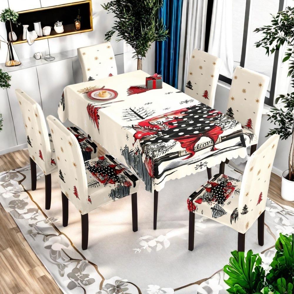 

Різдвяна водонепроникна друкована скатертина та набір чохлів на стільці Святковий декор для їдальні для дому Аксесуари для святкової вечірки Tablecloth 140 * 210cm