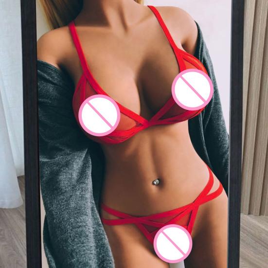 2 Pcs/Set Bra Panties Set See-through Mesh Hollow Out Solid Color Elastic Strap Decor Thin High Waist Wedding Night Honeymoon Underwear Set