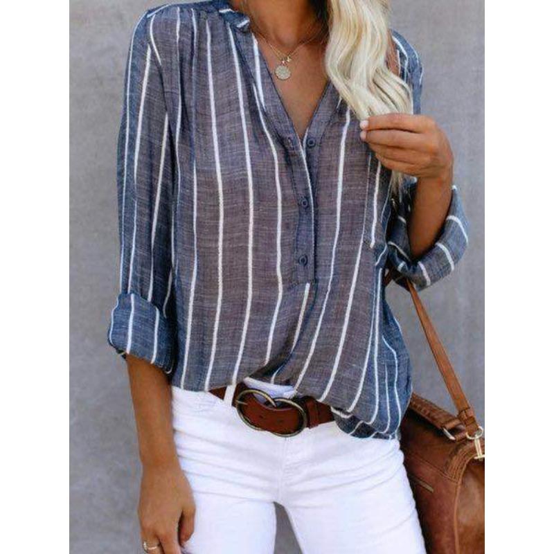 Damenhemd Frühling und Herbst Langarm Einfach Locker Lässig Bedruckte Gestreifte Hemden für Damen Stilvolle Elegante Büro Damenbluse