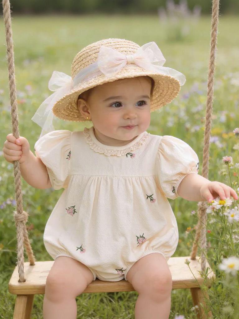 Korean Baby Girl Embroidered Lace Romper - Summer Short Sleeve Bodysuit