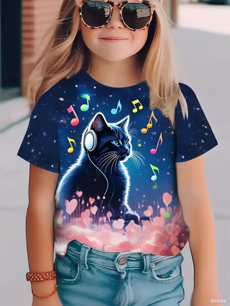 Funny Cat Girl T-Shirt Summer Cartoon Graphic Girl Short Sleeve Tee Casual Round Neck Top Animal Kids Clothing Girl Clothes