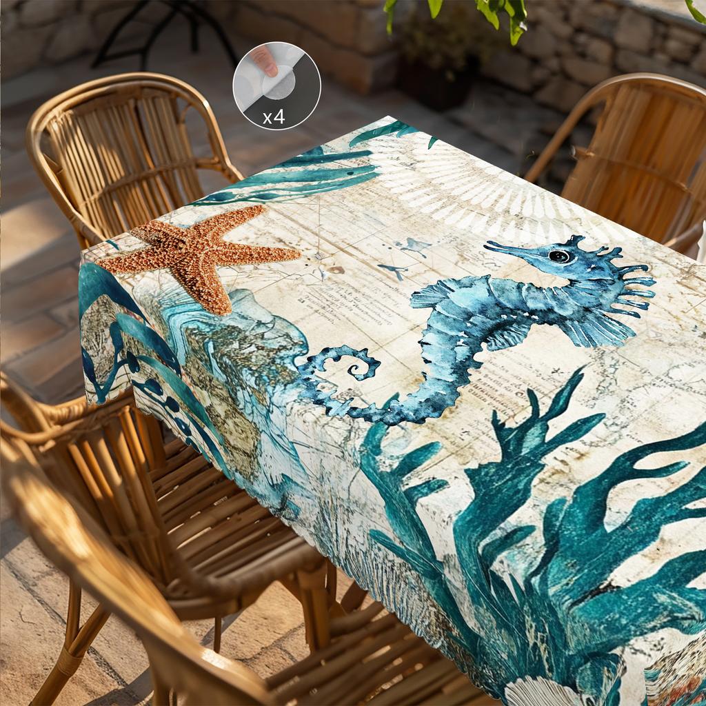 1 Piece Of Summer Retro Ocean Theme Printed Tablecloth, Seahorse, Seaweed, Starfish Pattern Design, Suitable For Spring And Summer Camping Style Picni