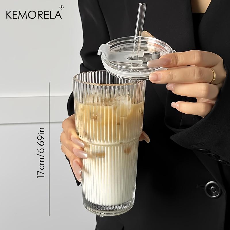 600ML Stripe Glass Coffee Cup With Lid and Without Cover Straw Transparent Drinking Glasses for Juice Iced Coffee Mugs Drinkware