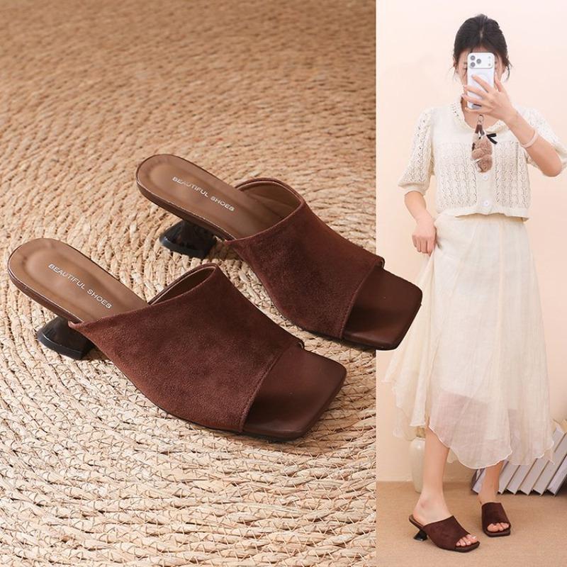 Summer Women Slippers Cow Suede Leather Shoes for Women Square Toe Strange Heel Shoes Black Sandals Concise Modern Slippers