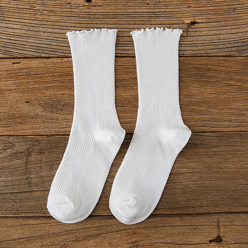Cotton Breathable Women Socks Harajuku Retro Streetwear Solid Black White Socks Women Japanese Kawaii Cute Frily Ruffle Socks