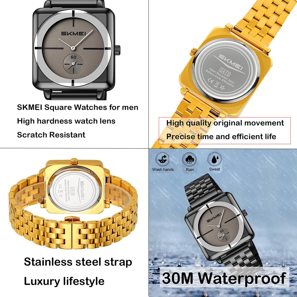 SKMEI Square Watch Men Simple Stylish Stainless Steel Wristwatch Gentleman Waterproof Analog Business Casual Male Luxury Gift Black Gray