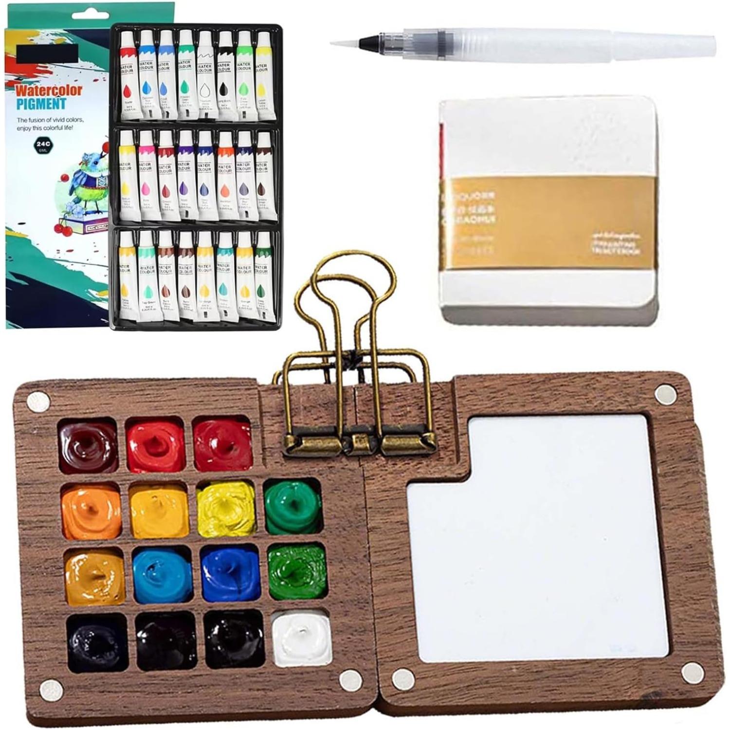 

Mini Watercolor Travel Set, 2026 New Watercolor Kit, 24 Color Pocket Artist Watercolor Travel Set with, Wooden Grid Paint Box Z001