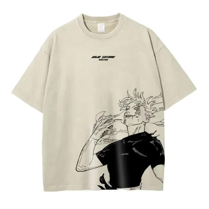 Japanese anime 100% Cotton T-shirt Anime J-Jujutsu K-Kaisen Vintage wash T-shirt Loose plus size short sleeve T-shirt