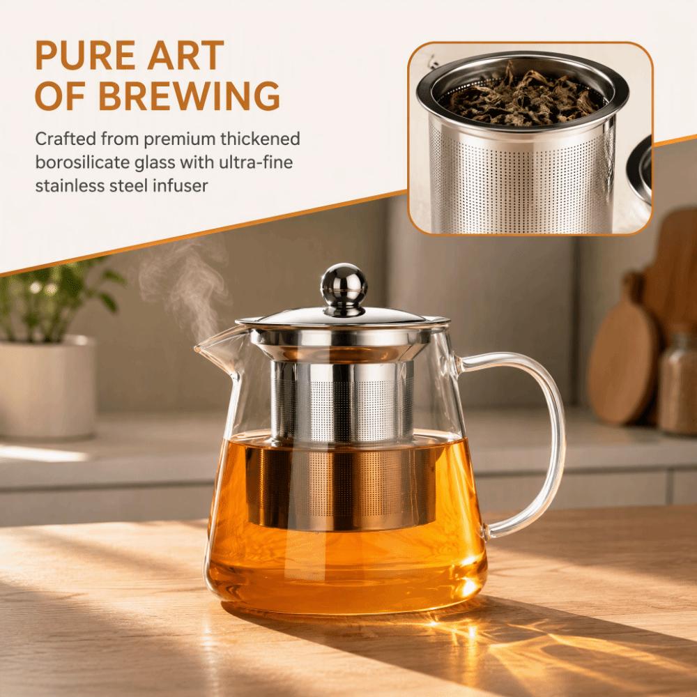 High Borosilicate Glass Teapot Heat Resistant Large Capacity Clear Glass Tea Maker with Stainless Steel Infuser Coffee Tea Pot