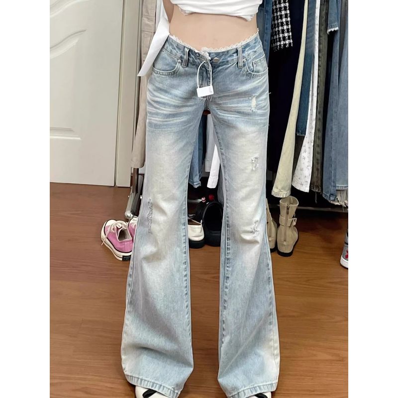 

Small La Chebel Light Blue Lace Low Waist Micro-Pull Denim Women s Summer Loose Hole Horseshoe Pants Light blue pants 155-165 XL