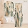 Women Plus Size Two Piece Set Round Neck Sleeveless Bodycon Dress Three Quarter Sleeve Open Cardigan Printed