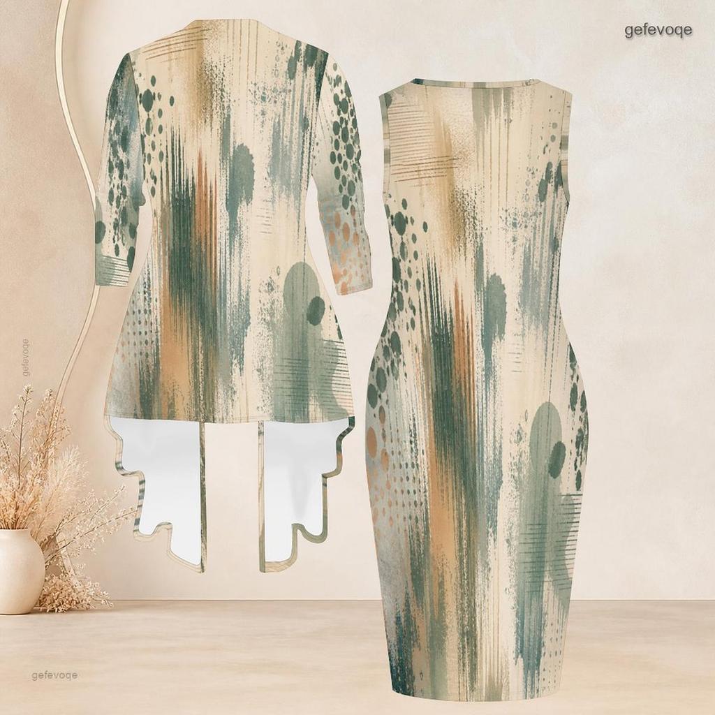 Women Plus Size Two Piece Set Round Neck Sleeveless Bodycon Dress Three Quarter Sleeve Open Cardigan Printed