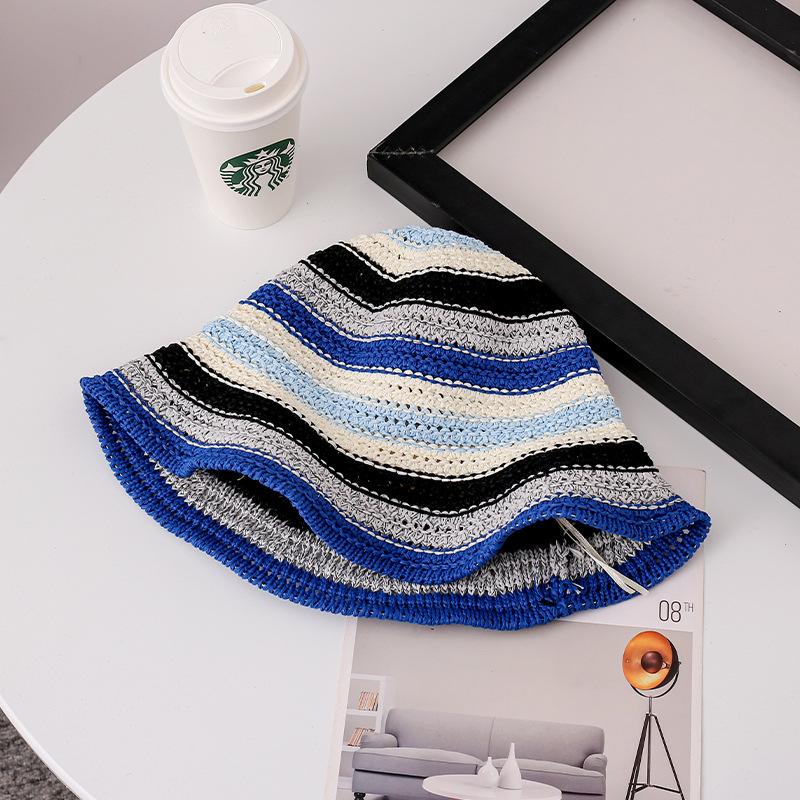 Hyunya Wind Rainbow Straw Bucket Hat Female Summer Breathable Sunshade Sunscreen Bucket Hat Show Face Small Straw Hat