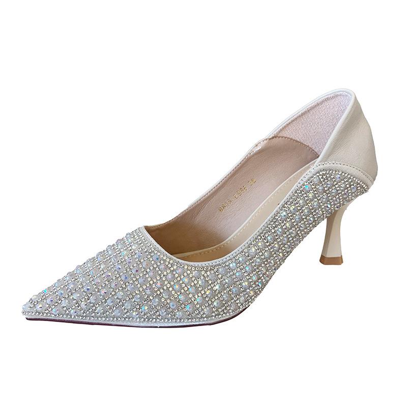 Damen-Pumps mit hohen Absätzen, spitz, Strass, flacher Ausschnitt, hohe Absätze, 2025 neu, Frühling, vielseitiger Rock, Brautschuhe, Brautjungfernschuhe