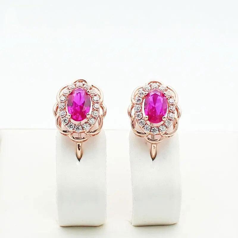 Rose Gold Plated Inlaid Flower Red Stone Purple Gold Simple Temperament Fashion Colored Gold Earrings