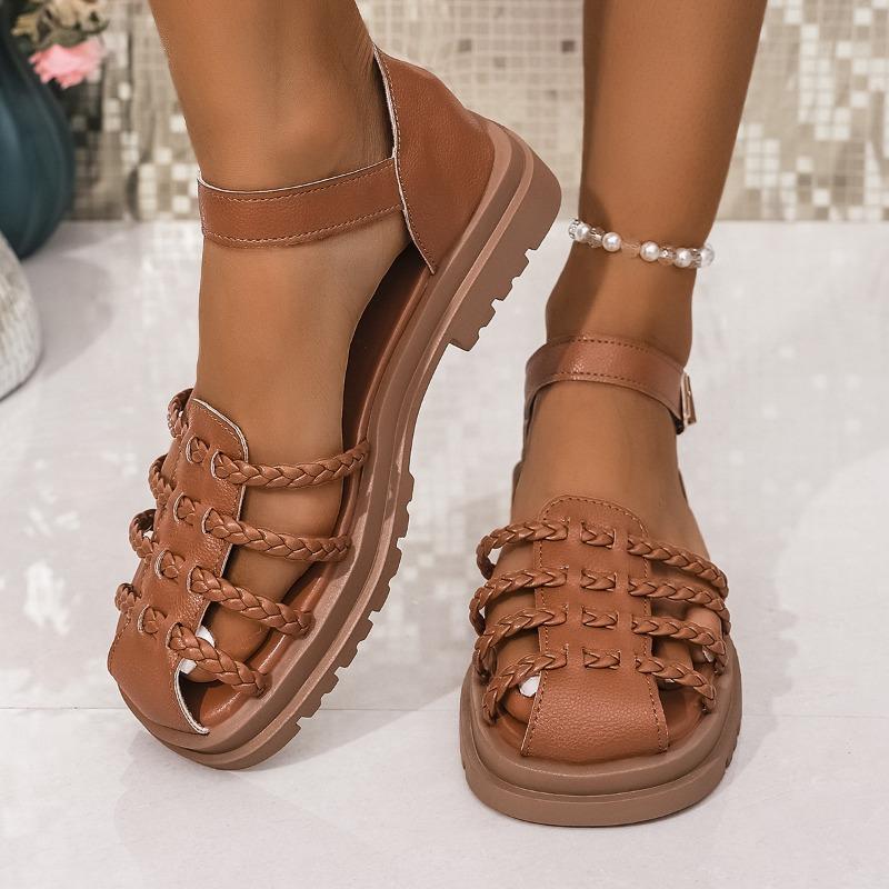Retro woven bag head sandals women's shoes new summer seaside vacation soft-soled brown shoes