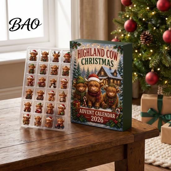 Daily Window Opening Gift 2026 Highland Cow Christmas Advent Calendar, 24-Day Acrylic Countdown Ornament Set with Travel Companion Play Mini Figures,