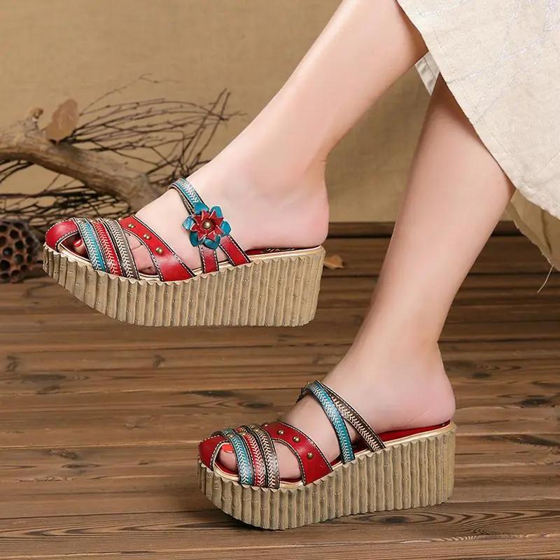 Fashion GKTINOO 2025 Summer Shoes Women Wedge Slides Cover Toes Handmade Flower Thick Heels Genuine Leather Lady Platform Slippers