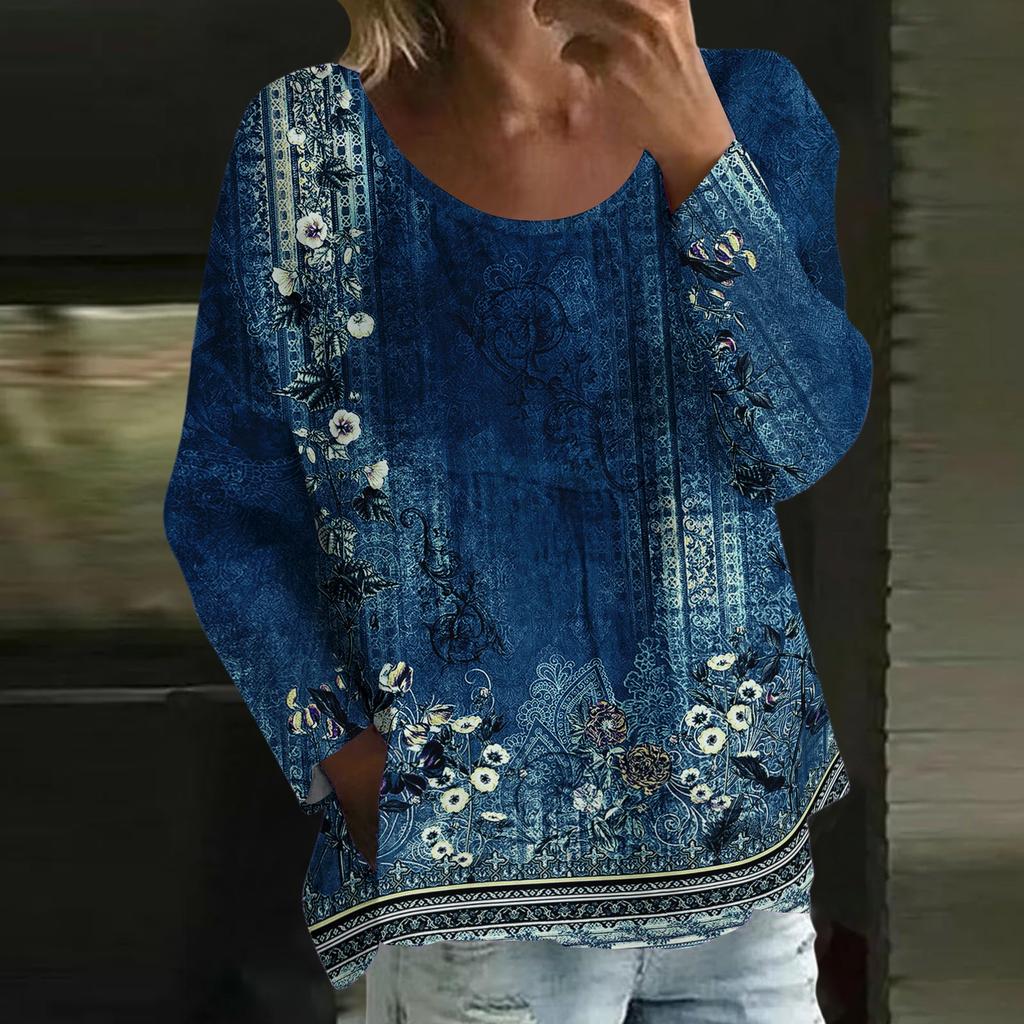 Dámské ležérní módní volné tričko s kulatým výstřihem a retro potiskem a dlouhým rukávem