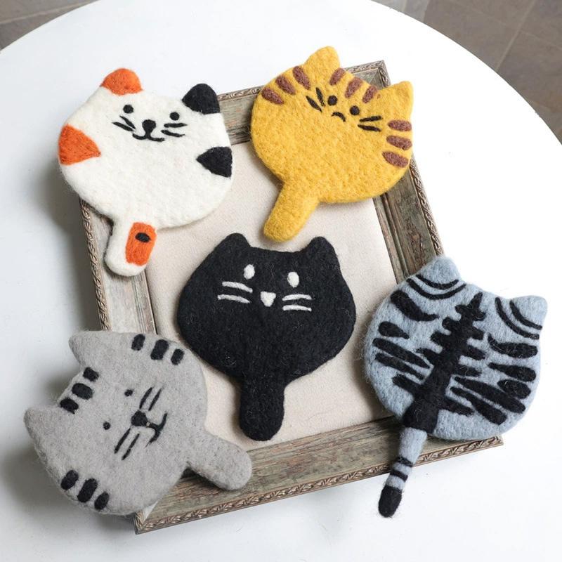 1PC Mugs Cup Cute Table Mat Heatproof For Coffee Cartoon Wool Felt Handmade Placemat Kitten Coaster