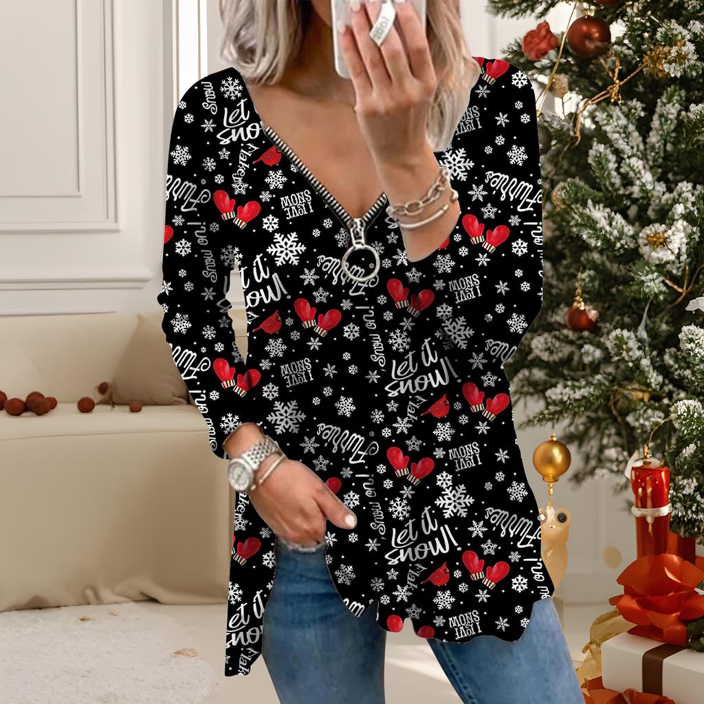 Women Autumn Christmas Printed Long Sleeve T-Shirts  Loose V-Neck Plus Size Tee Shirt Tops Comfy Blouse