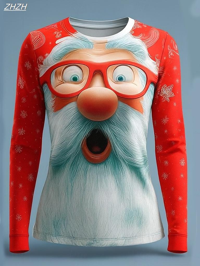 Women's Vintage Santa Print Long Sleeve, Christmas Holiday Graphic Top, Crew Neck Casual Style, Winter Seasonal Wear