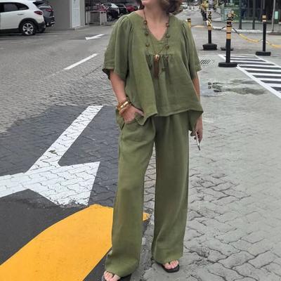 Women's Cotton Linen 2-Piece Set V-Neck Short Sleeve Top And Wide Leg Pants Set Casual Loose Loungewear Outfit