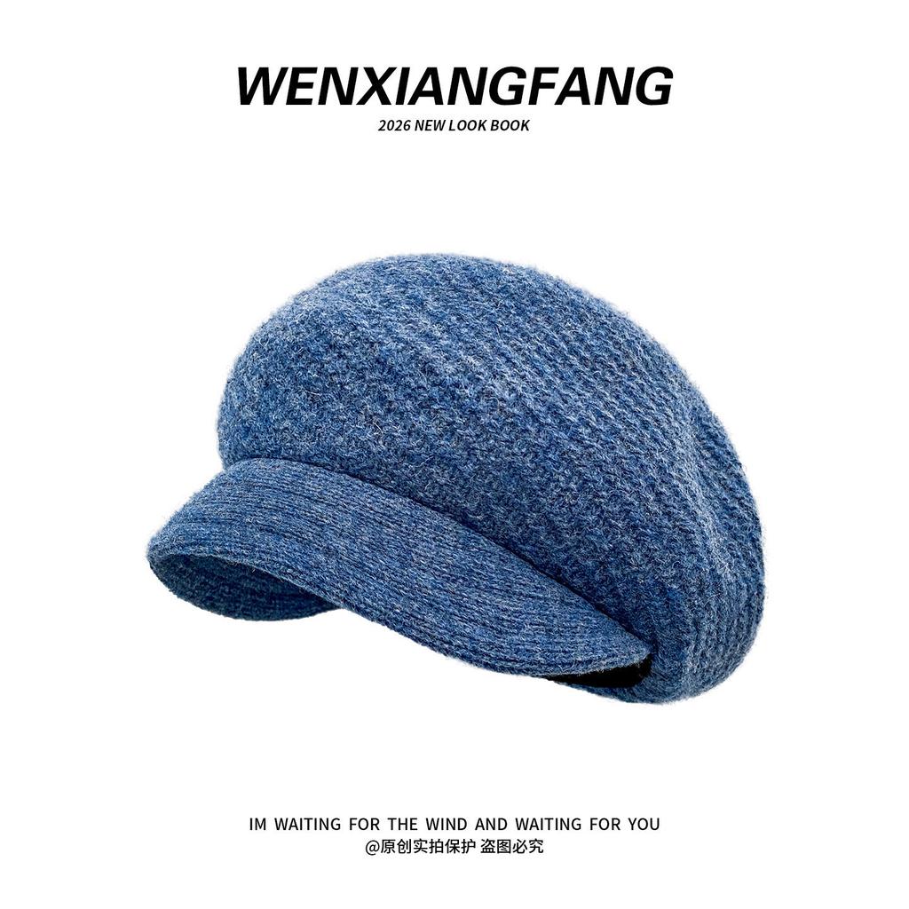 Wool knitted short-brimmed beret women's autumn and winter fashion warm big head circumference pile hat painter newsboy hat
