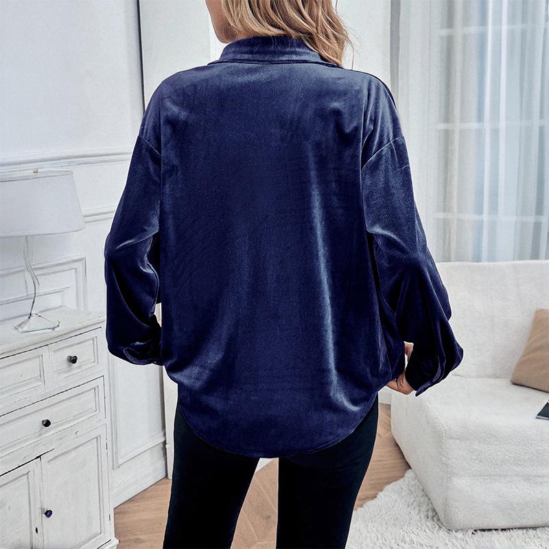 Retro Lapel Velvet Cardigan Shirt for Women - Long Sleeve, Autumn/Winter Collection 2026, European and American Style.
