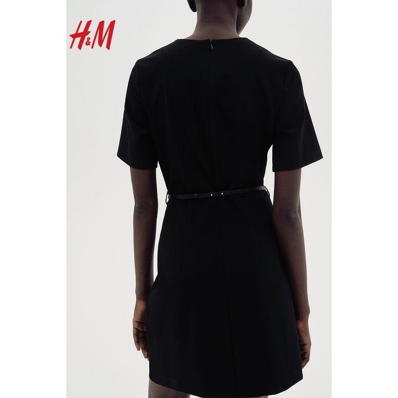 

HM Women clothes 2025 Summer New With Belt Dress 1275623 Black 155/80(XS)