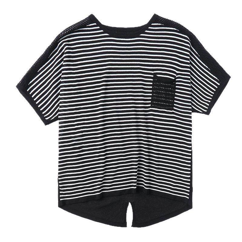 Summer Women's Loose Stripe Top Hollow Knitted T-shirt Women's Ice Silk Short Sleeve T-shirt
