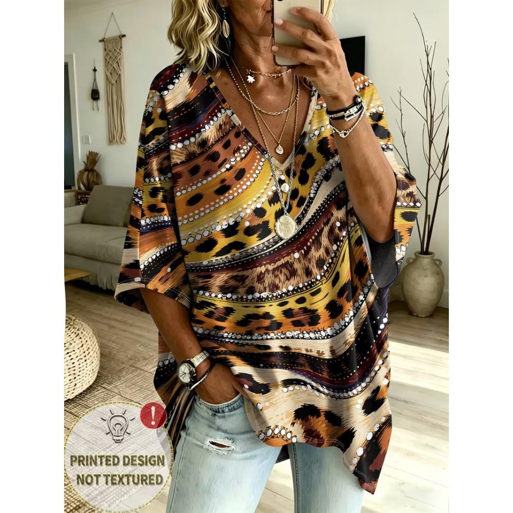 Plus Size Women's Simple Bohemian Pattern Print V-neck Top Three-quarter Sleeve Loose Casual T-shirt