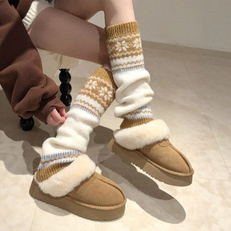 Autumn And Winter With Snow Boots, Coffee-Colored Thickened Socks, Snowflake Stacking Socks Y2K Millennium Maillard Leg Cover