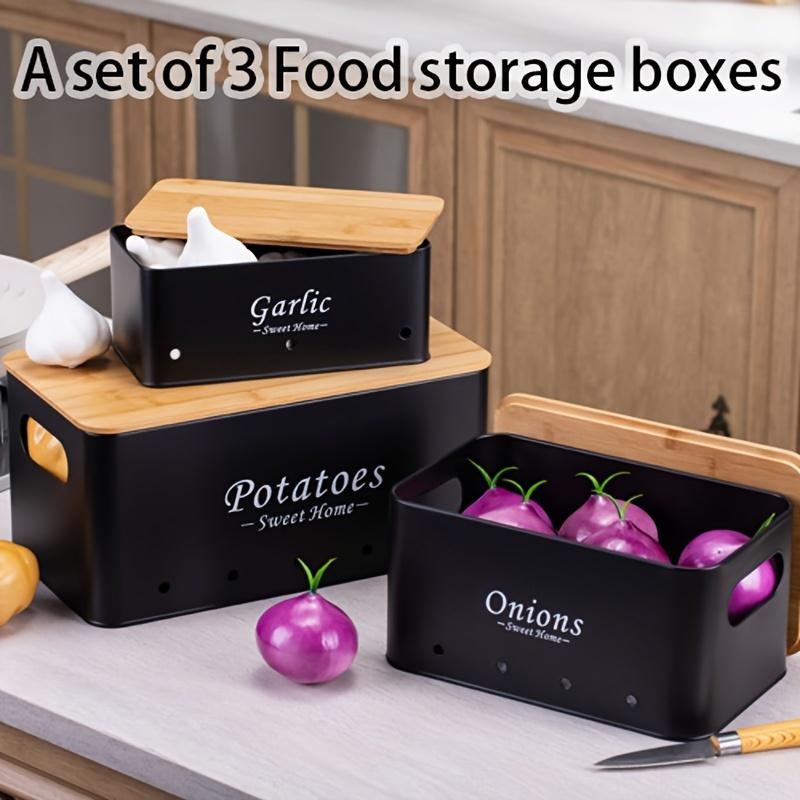 3 buc. Recipient metalic pentru depozitarea alimentelor, cu capac din lemn, ideal pentru ceapă, usturoi, ghimbir, cartofi, roșii.