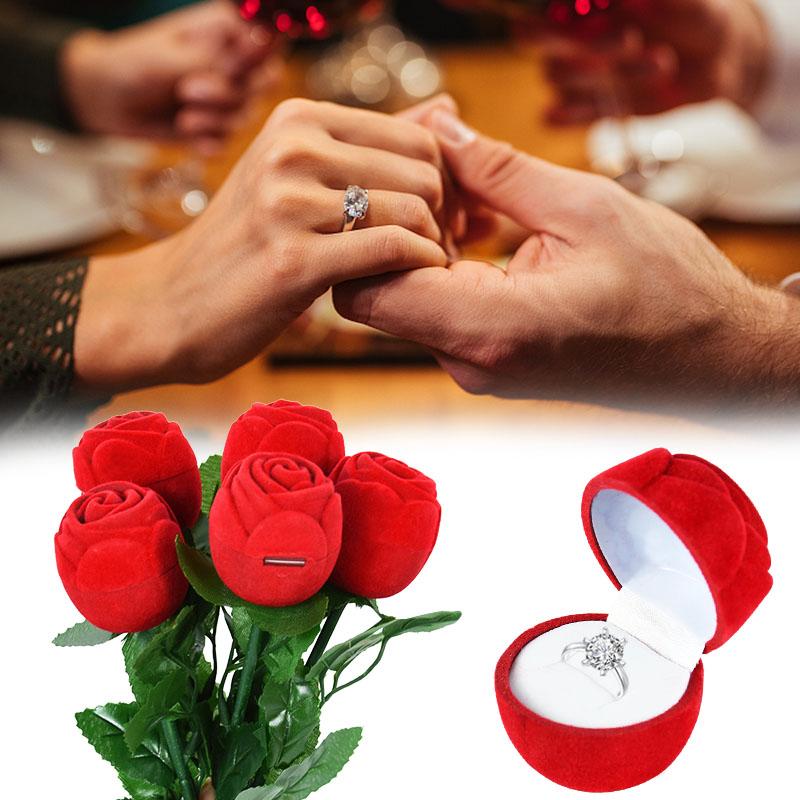 Simulated Rose Ring Box Earring Jewelry Storage Box Wedding Engagement Romantic Gift Decoration Props 3D Red Rose Flower Case