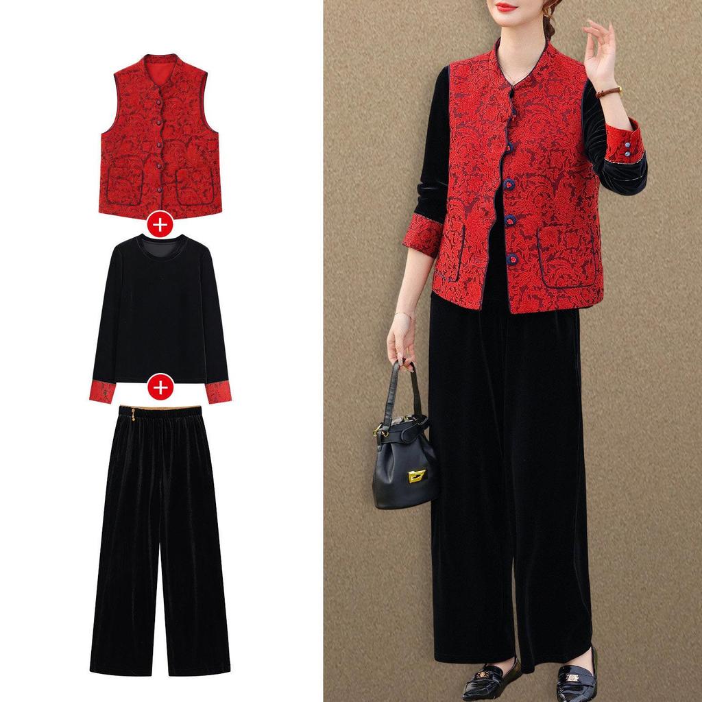 Spring Gold Velvet Suit - Chinese Zodiac Style for Middle-Aged Women