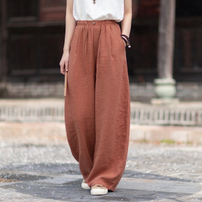 Johnature Women Vintage Straight Pants Summer Chinese Style Solid Color Loose Trousers Elastic Waist Pants